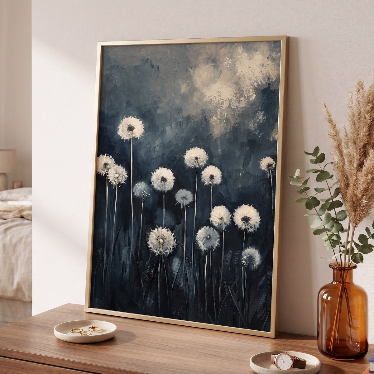 Dandelions at Dusk, blue, black, gray floral wall art displayed in a styled interior, gallery view 2