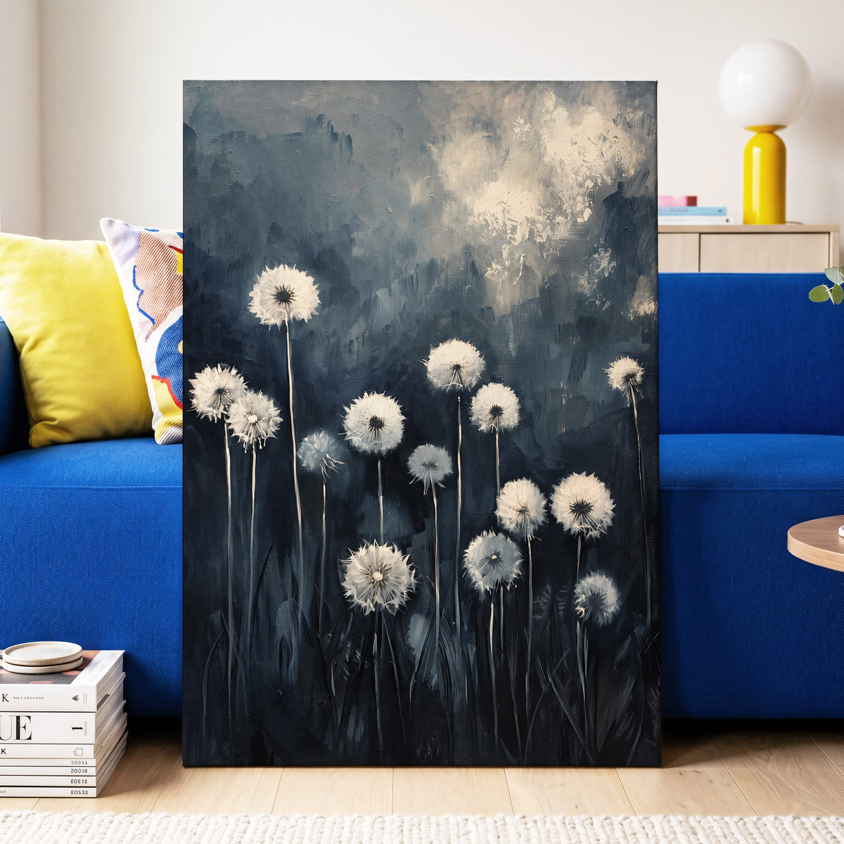 Dandelions at Dusk, blue, black, gray floral wall art displayed in a styled interior, gallery view 3