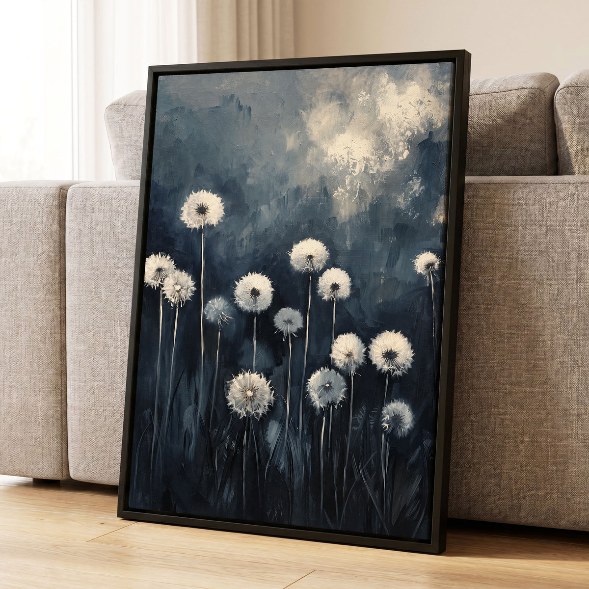 Dandelions at Dusk, blue, black, gray floral wall art displayed in a styled interior, gallery view 4