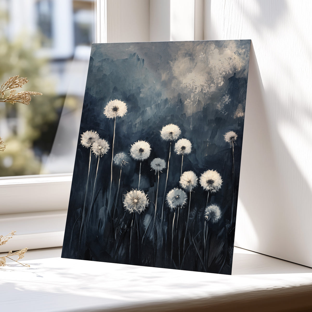 Dandelions at Dusk, blue, black, gray floral wall art displayed in a styled interior, gallery view 5
