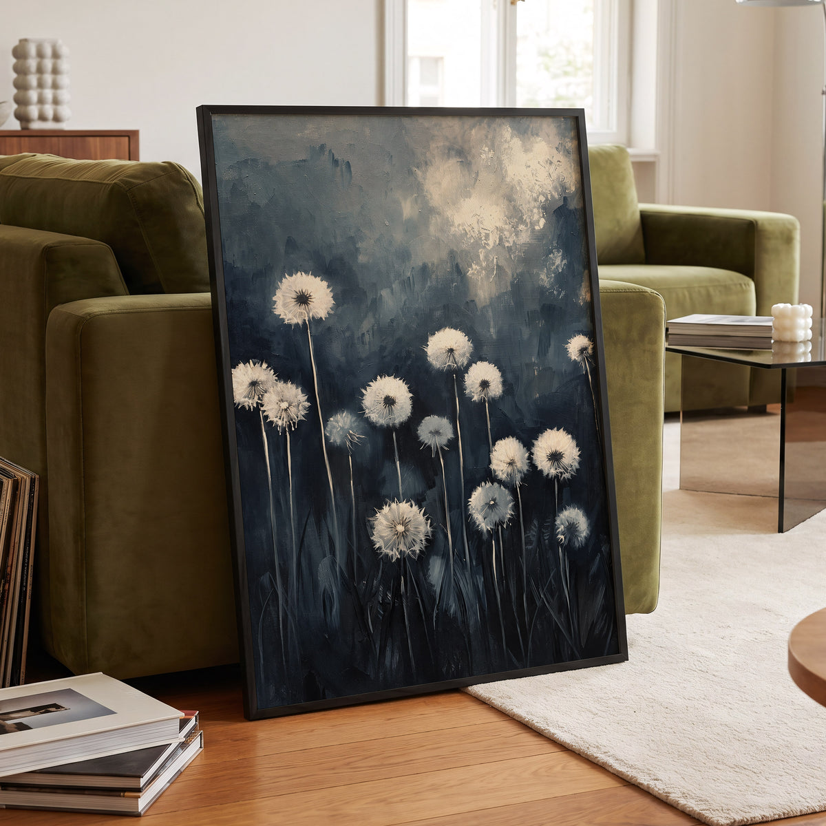 Dandelions at Dusk, blue, black, gray floral wall art displayed in a styled interior, gallery view 6