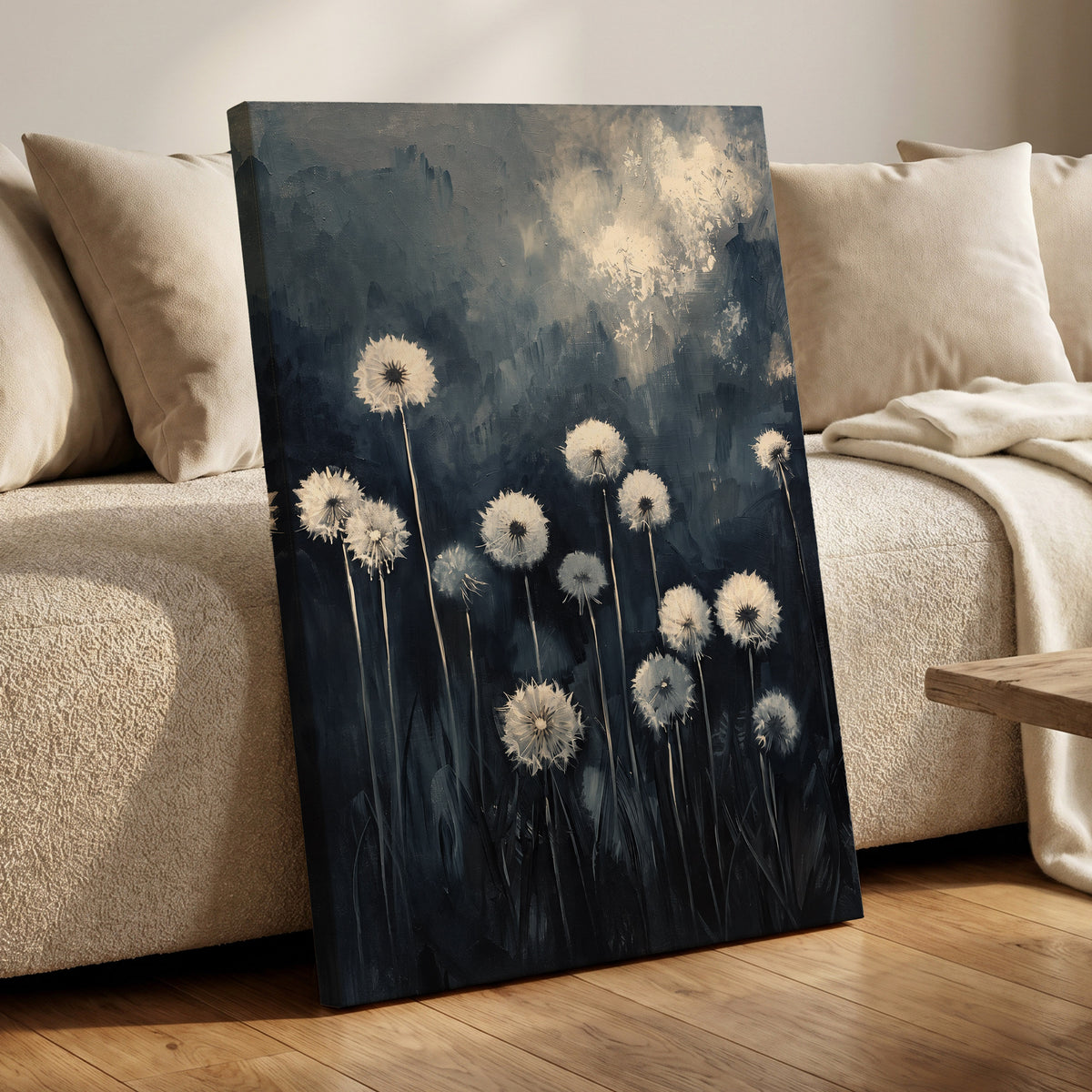 Dandelions at Dusk, blue, black, gray floral wall art displayed in a styled interior, gallery view 7