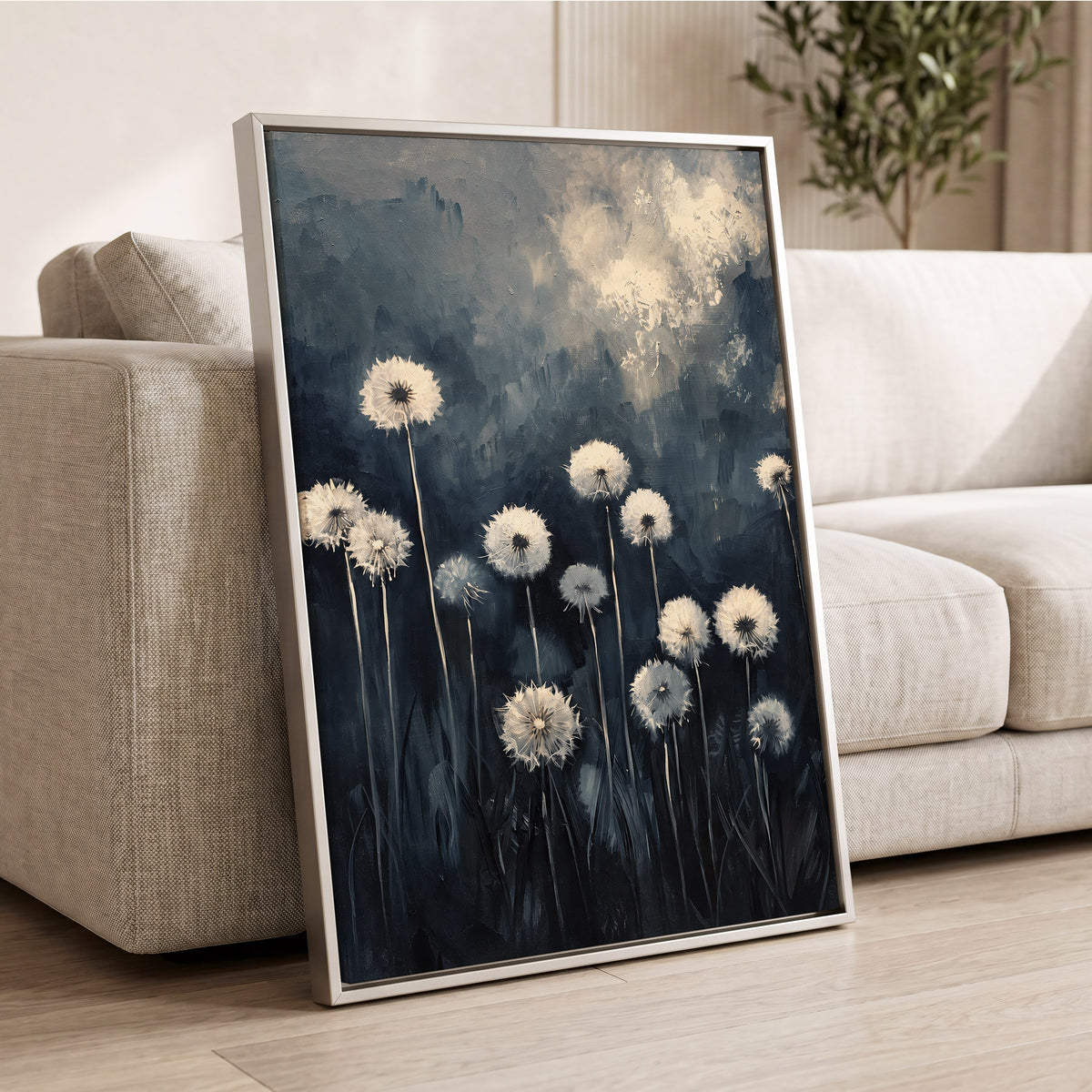 Dandelions at Dusk, blue, black, gray floral wall art displayed in a styled interior, gallery view 8