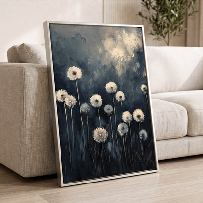 Dandelions at Dusk, blue, black, gray floral wall art displayed in a styled interior, gallery view 8