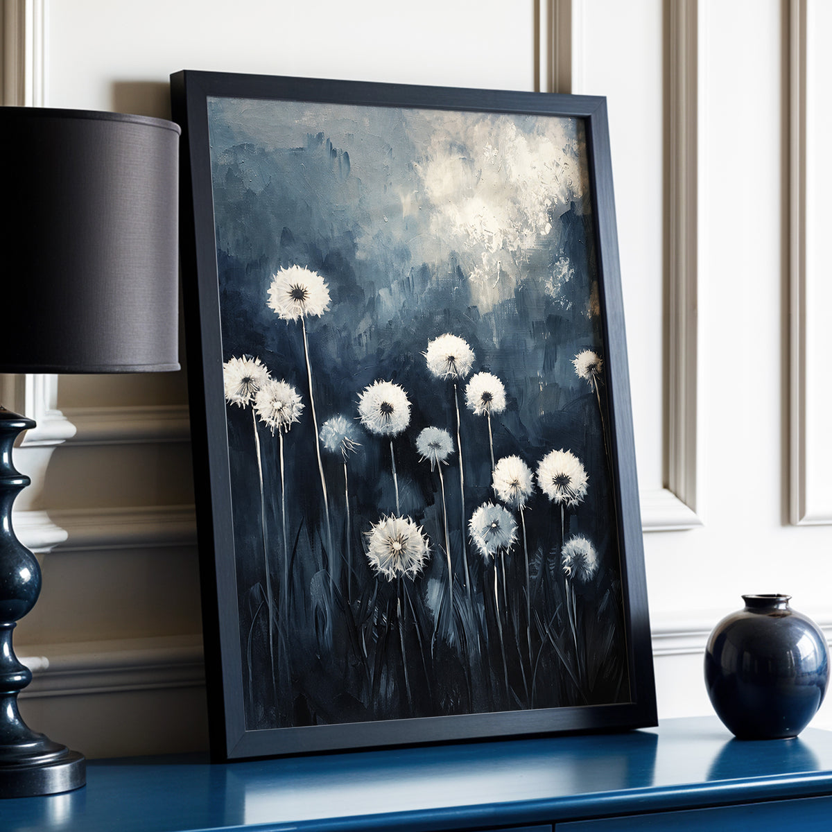 Dandelions at Dusk, blue, black, gray floral wall art displayed in a styled interior, gallery view 9