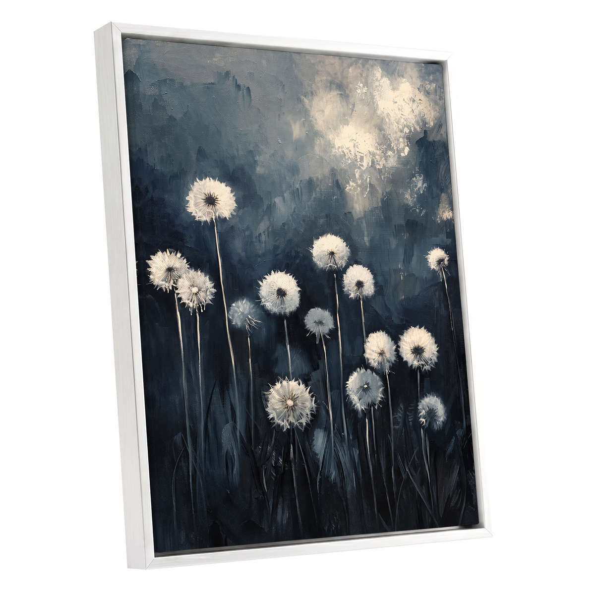 Dandelions at Dusk, blue, black, gray floral wall art shown as a white framed canvas wall art