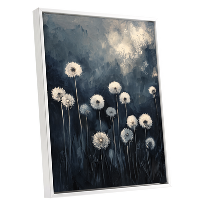 Dandelions at Dusk, blue, black, gray floral wall art shown as a white framed canvas wall art