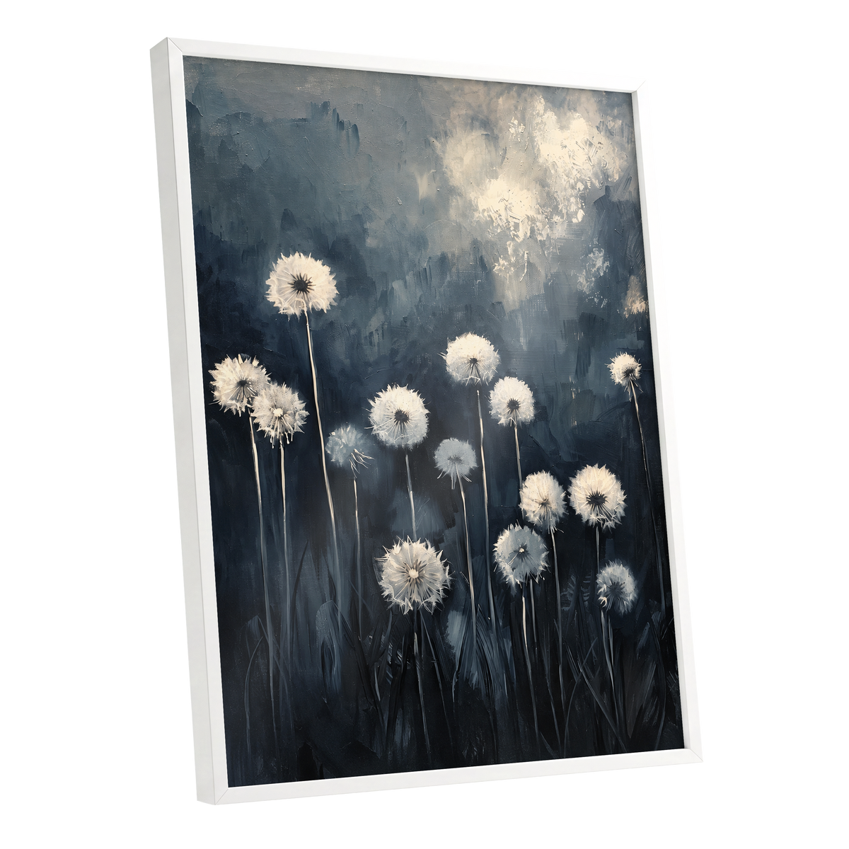Dandelions at Dusk, blue, black, gray floral wall art shown as a white framed poster wall art print