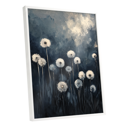 Dandelions at Dusk, blue, black, gray floral wall art shown as a white framed poster wall art print