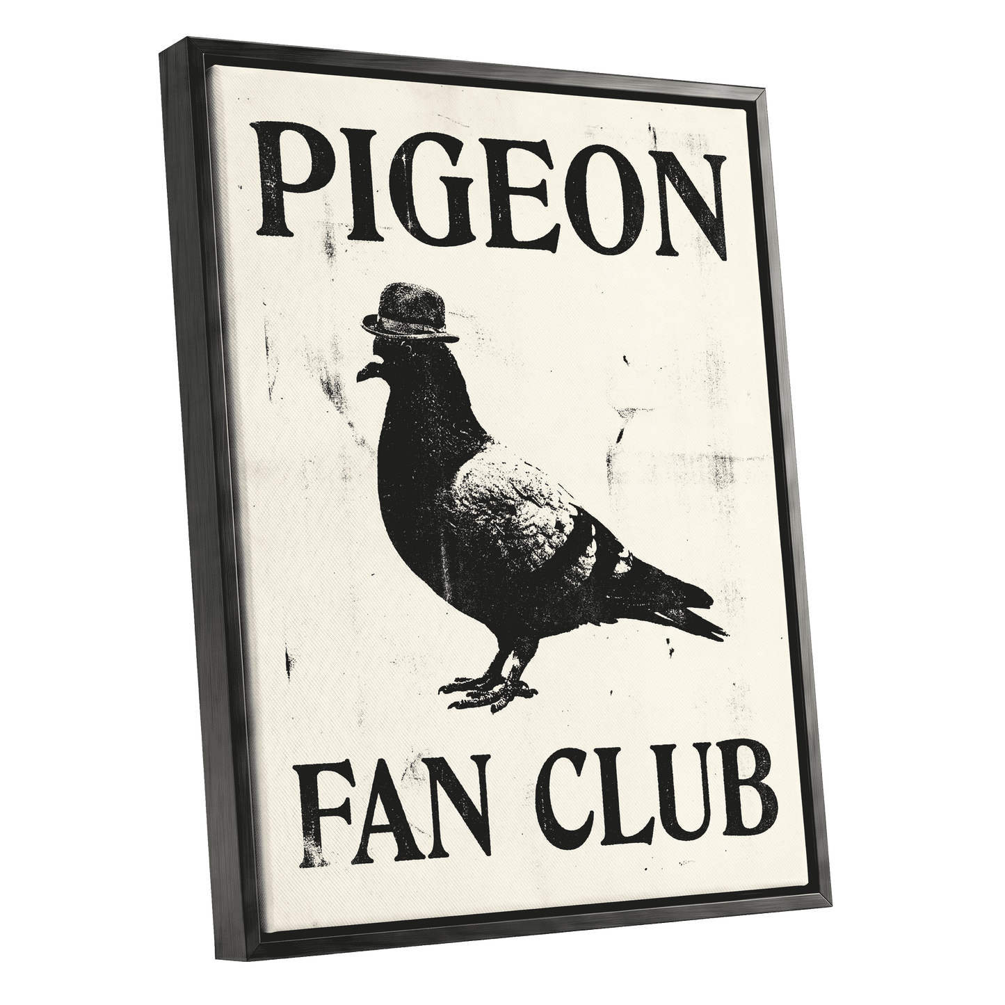 Dapper Pigeon Fan Club, black, beige, white nature wall art shown as a black framed canvas wall art
