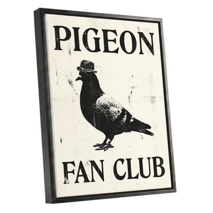 Dapper Pigeon Fan Club, black, beige, white nature wall art shown as a black framed canvas wall art