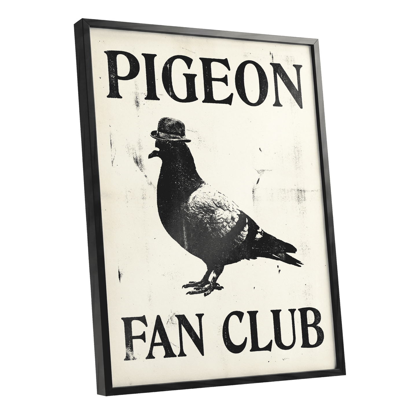Dapper Pigeon Fan Club, black, beige, white nature wall art shown as a black framed poster wall art print
