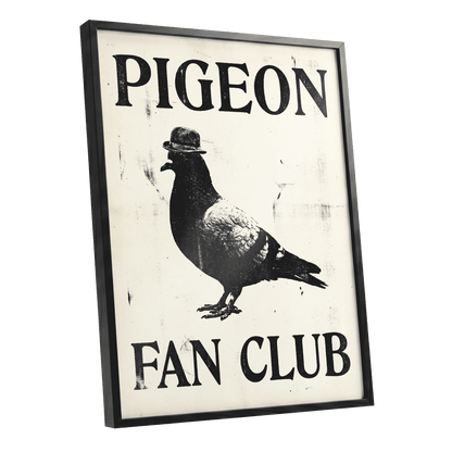 Dapper Pigeon Fan Club, black, beige, white nature wall art shown as a black framed poster wall art print
