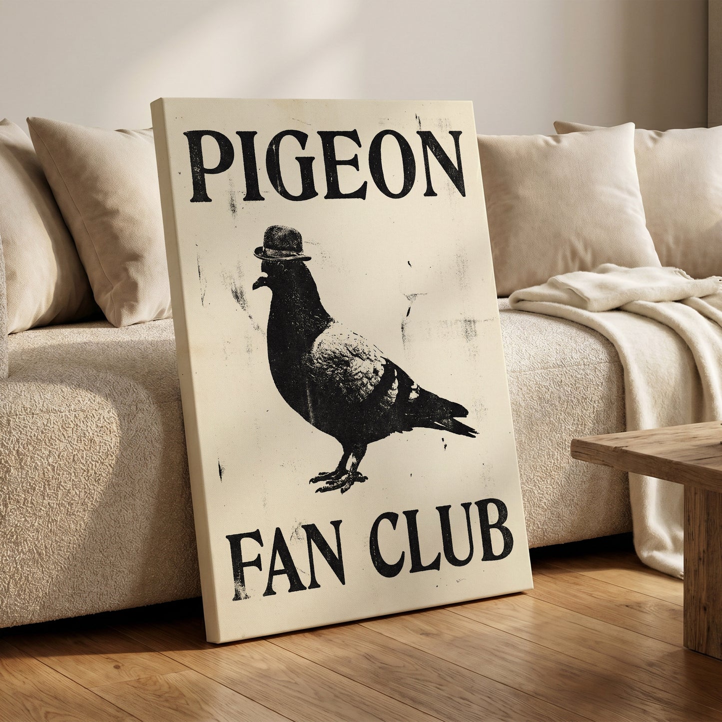 Dapper Pigeon Fan Club, black, beige, white nature wall art on canvas displayed in a styled interior, gallery view 1