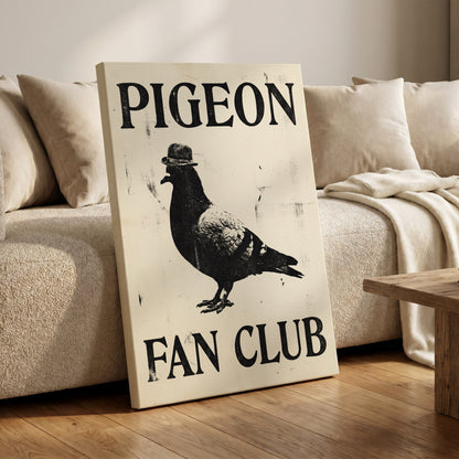Dapper Pigeon Fan Club, black, beige, white nature wall art on canvas displayed in a styled interior, gallery view 1