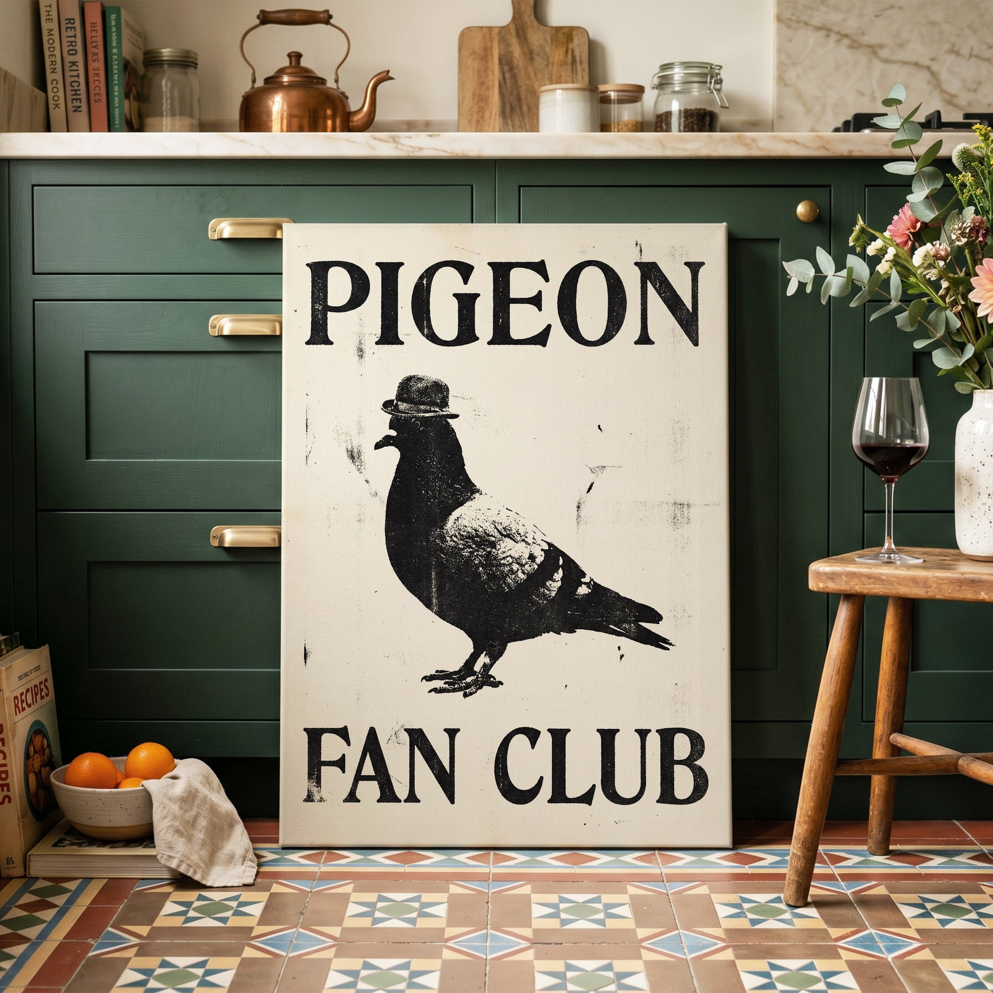 Dapper Pigeon Fan Club, black, beige, white nature wall art on canvas displayed in a styled interior, gallery view 2