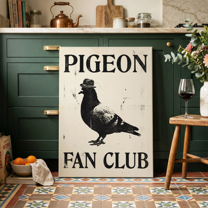 Dapper Pigeon Fan Club, black, beige, white nature wall art on canvas displayed in a styled interior, gallery view 2