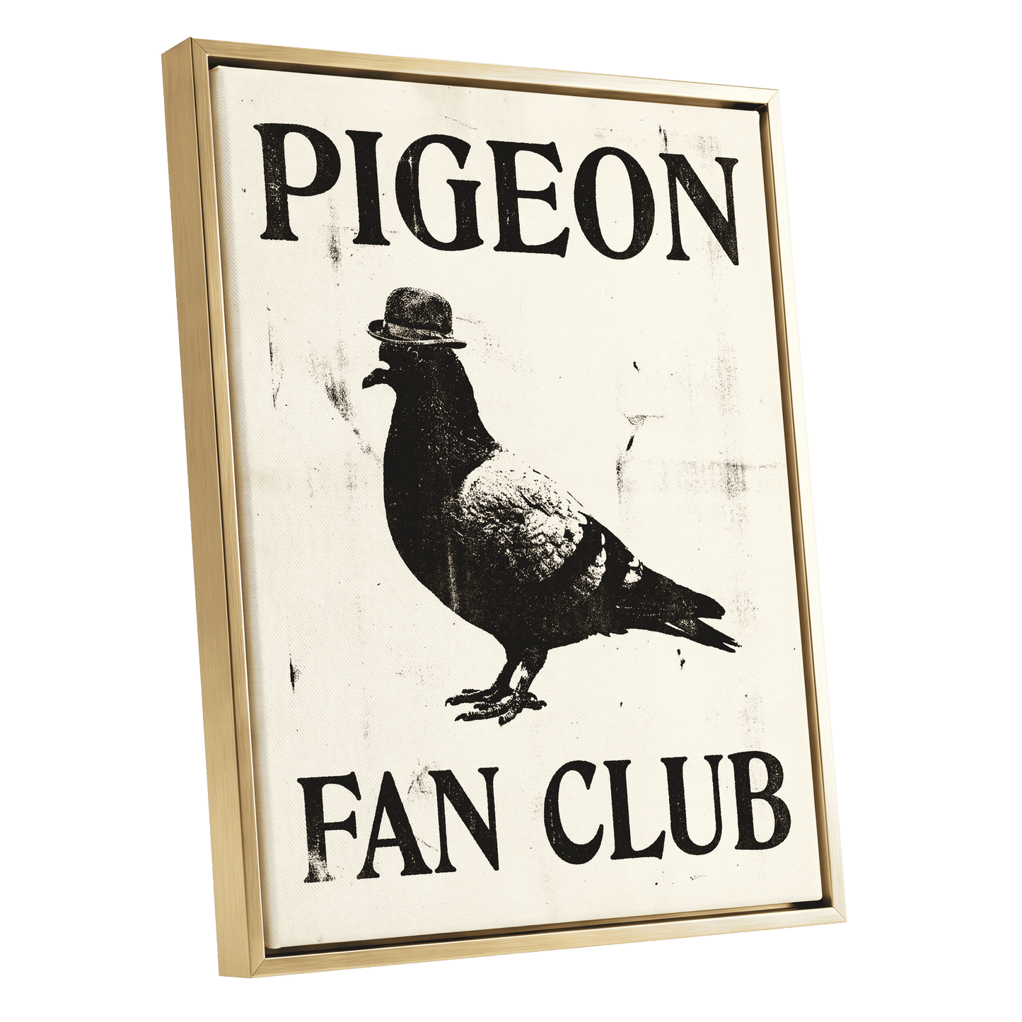 Dapper Pigeon Fan Club, black, beige, white nature wall art shown as a gold framed canvas wall art