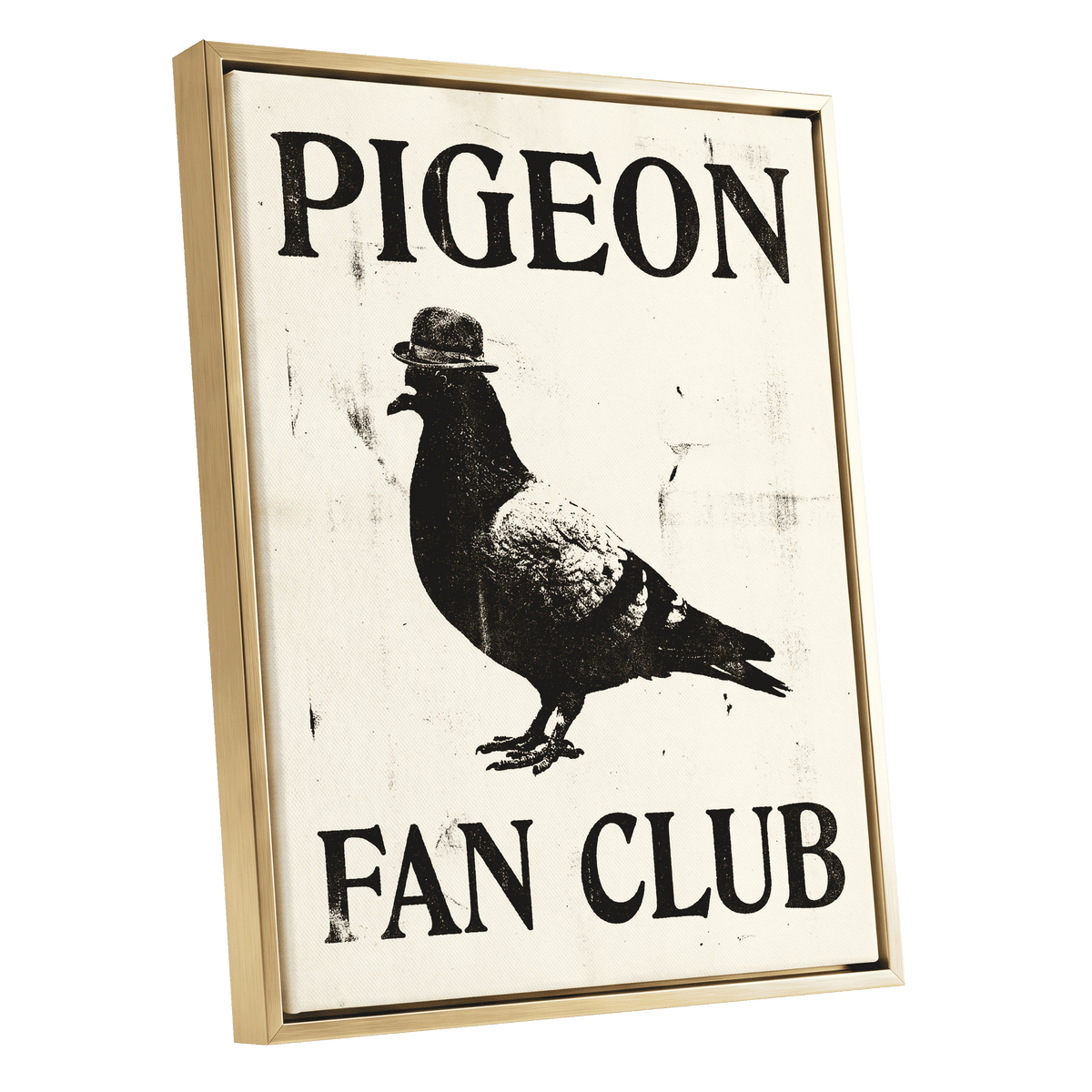 Dapper Pigeon Fan Club, black, beige, white nature wall art shown as a gold framed canvas wall art