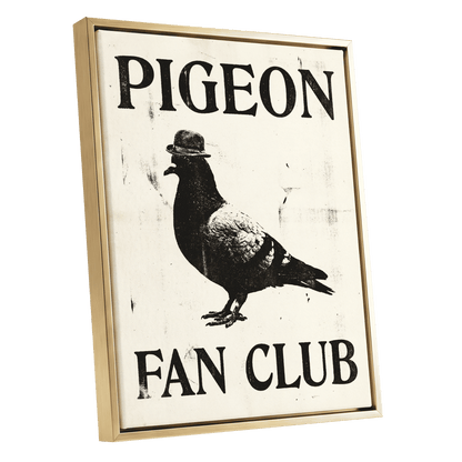Dapper Pigeon Fan Club, black, beige, white nature wall art shown as a gold framed canvas wall art
