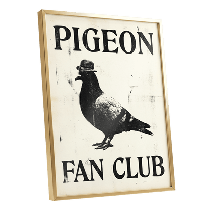 Dapper Pigeon Fan Club, black, beige, white nature wall art shown as a gold framed poster wall art print