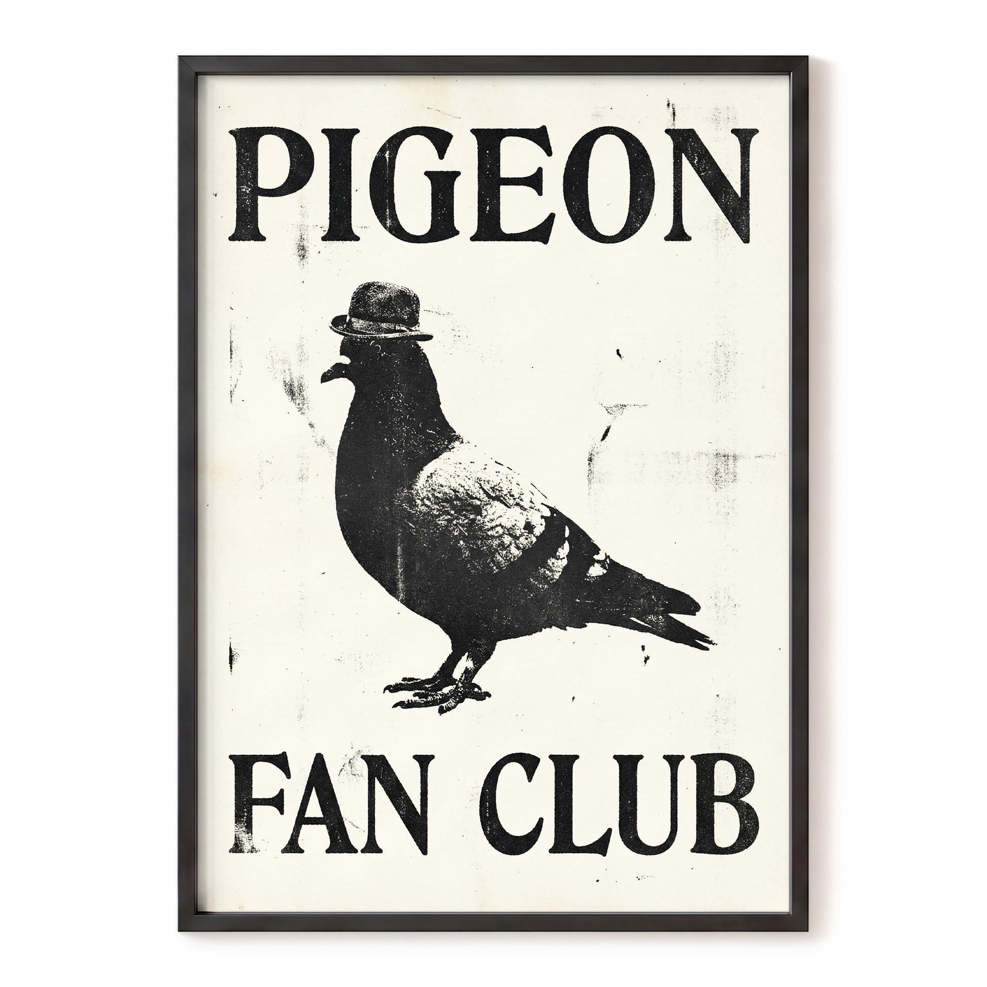 Dapper Pigeon Fan Club, black, beige, white nature wall art, front artwork view