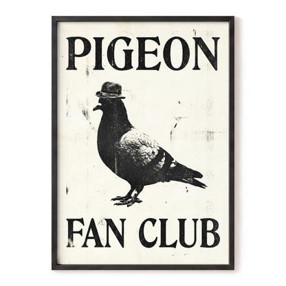 Dapper Pigeon Fan Club, black, beige, white nature wall art, front artwork view