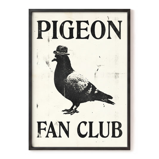 Dapper Pigeon Fan Club, black, beige, white nature wall art, front artwork view