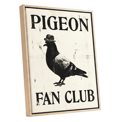 Dapper Pigeon Fan Club, black, beige, white nature wall art shown as a oak framed canvas wall art