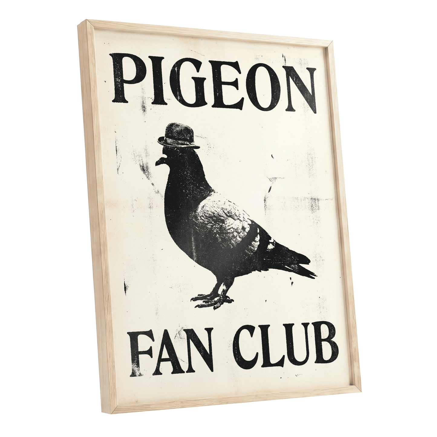 Dapper Pigeon Fan Club, black, beige, white nature wall art shown as a oak framed poster wall art print