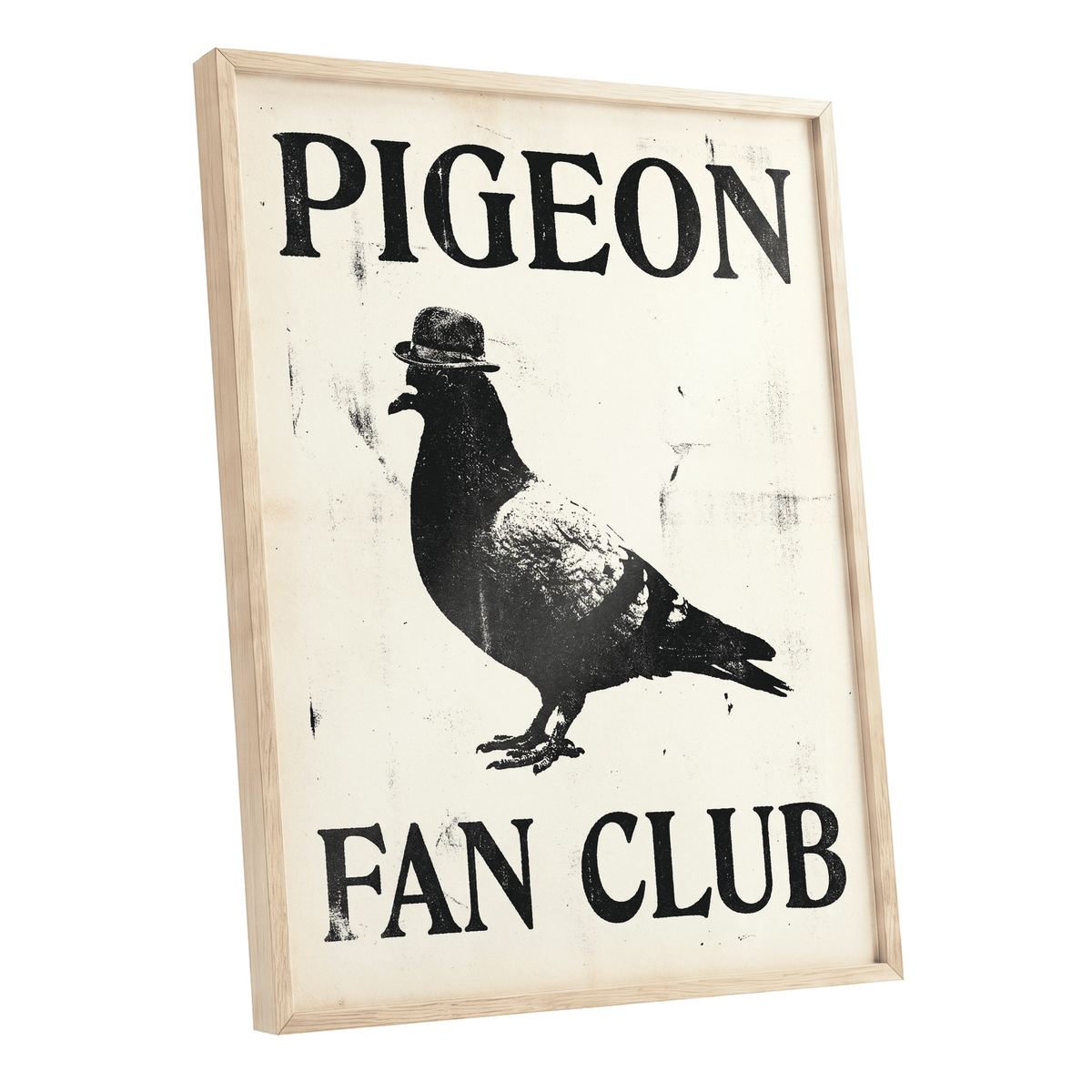 Dapper Pigeon Fan Club, black, beige, white nature wall art shown as a oak framed poster wall art print