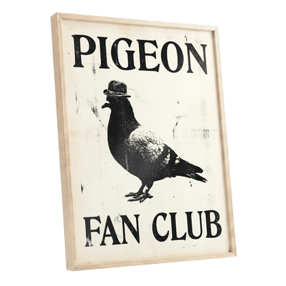 Dapper Pigeon Fan Club, black, beige, white nature wall art shown as a oak framed poster wall art print