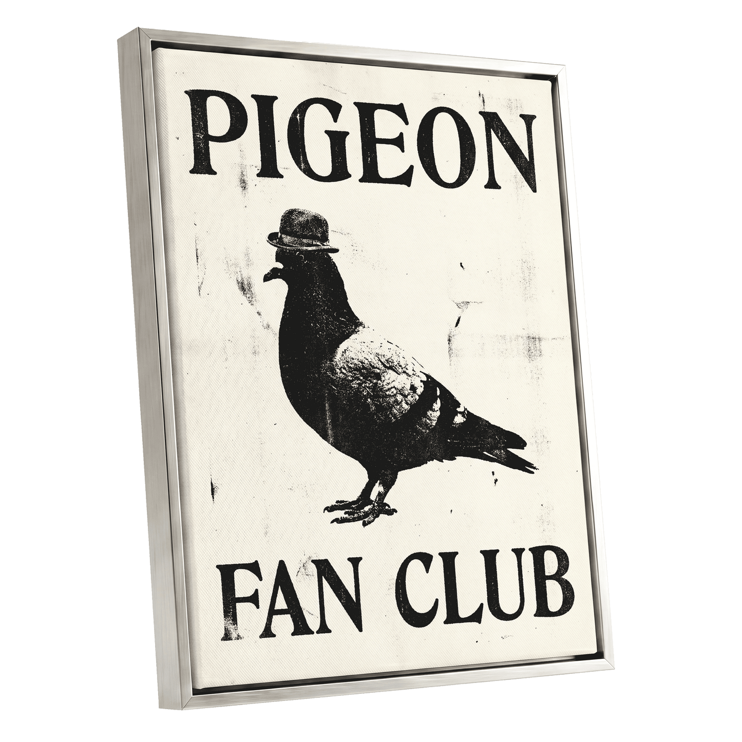 Dapper Pigeon Fan Club, black, beige, white nature wall art shown as a silver framed canvas wall art