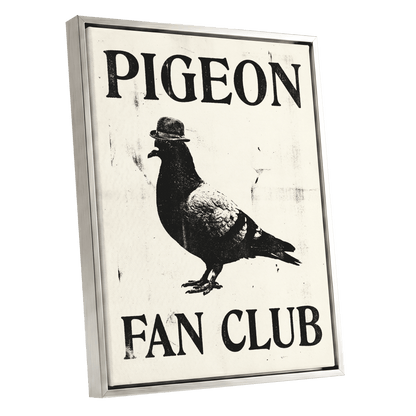 Dapper Pigeon Fan Club, black, beige, white nature wall art shown as a silver framed canvas wall art