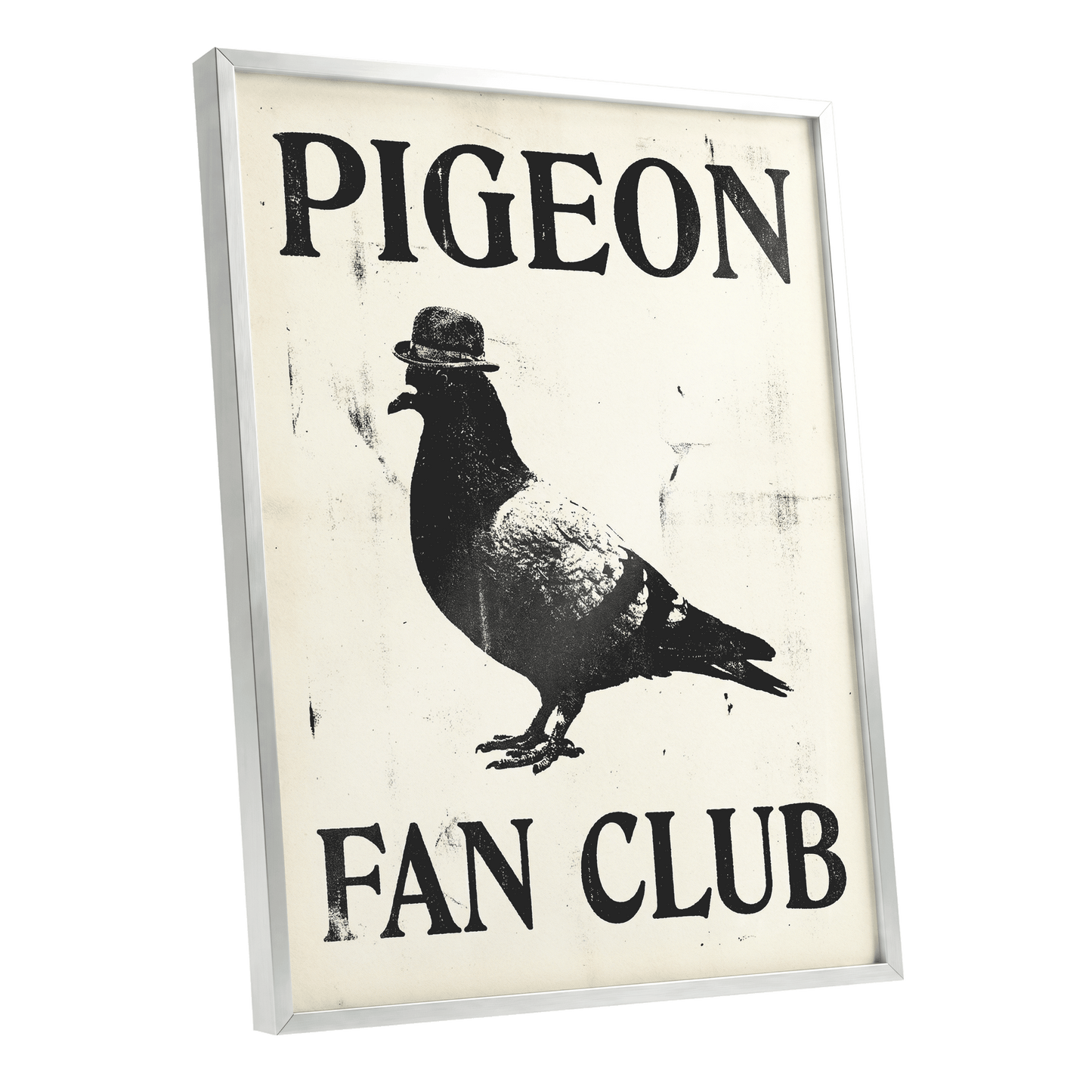 Dapper Pigeon Fan Club, black, beige, white nature wall art shown as a silver framed poster wall art print