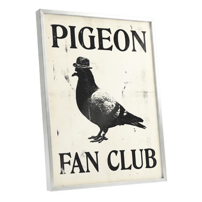 Dapper Pigeon Fan Club, black, beige, white nature wall art shown as a silver framed poster wall art print