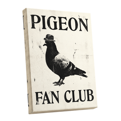 Dapper Pigeon Fan Club, black, beige, white nature wall art shown as a stretched canvas wall art