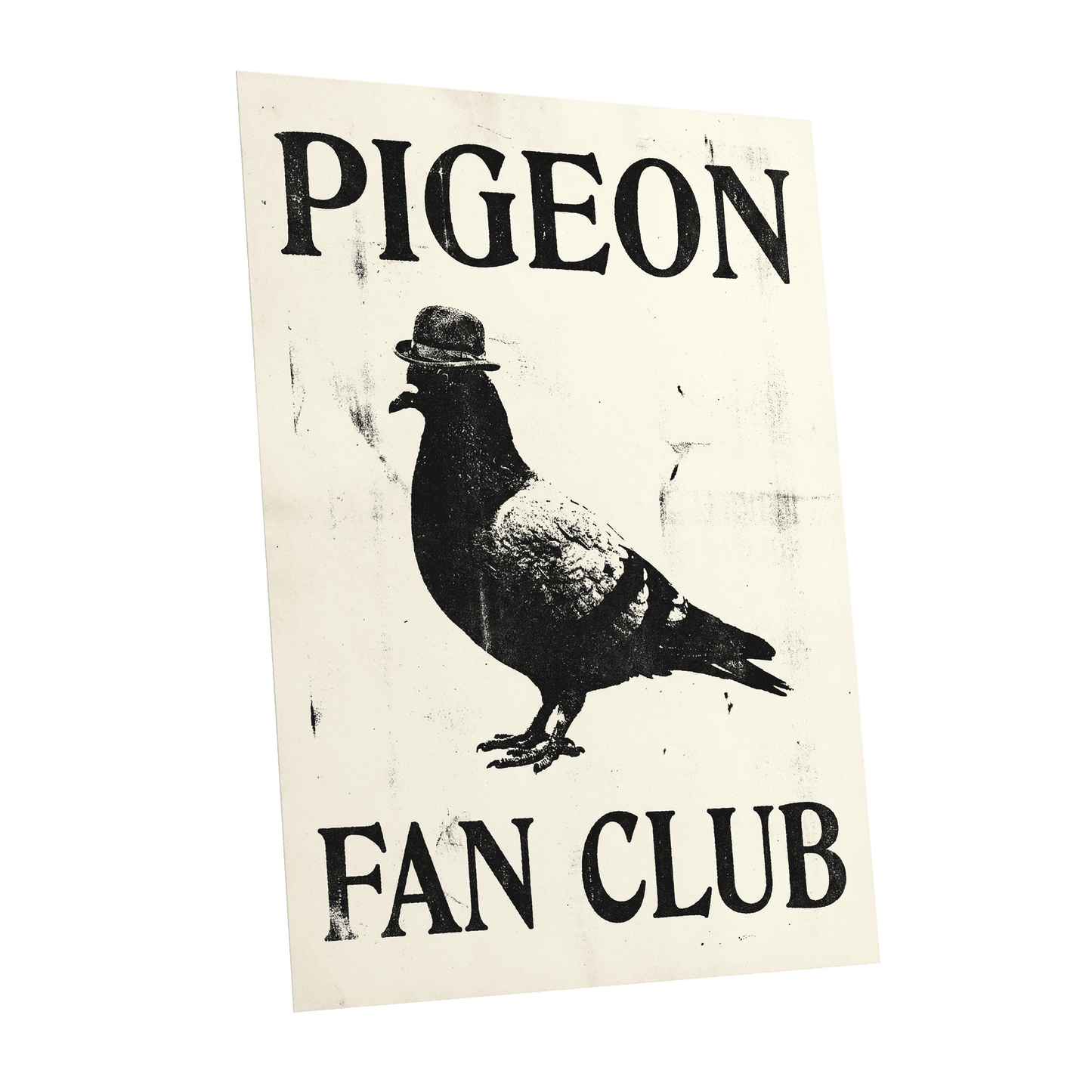 Dapper Pigeon Fan Club, black, beige, white nature wall art shown as a unframed poster wall art print