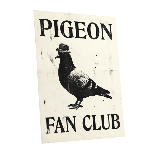 Dapper Pigeon Fan Club, black, beige, white nature wall art shown as a unframed poster wall art print