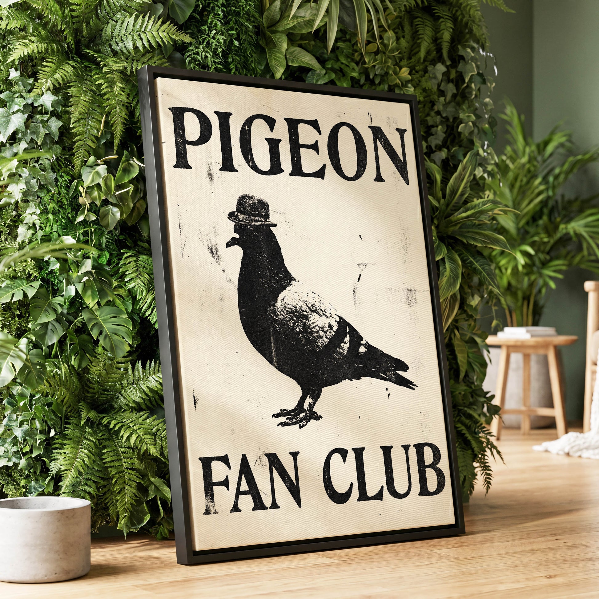 Dapper Pigeon Fan Club, black, beige, white nature wall art displayed in a styled interior, gallery view 1