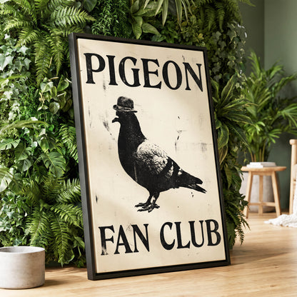 Dapper Pigeon Fan Club, black, beige, white nature wall art displayed in a styled interior, gallery view 1