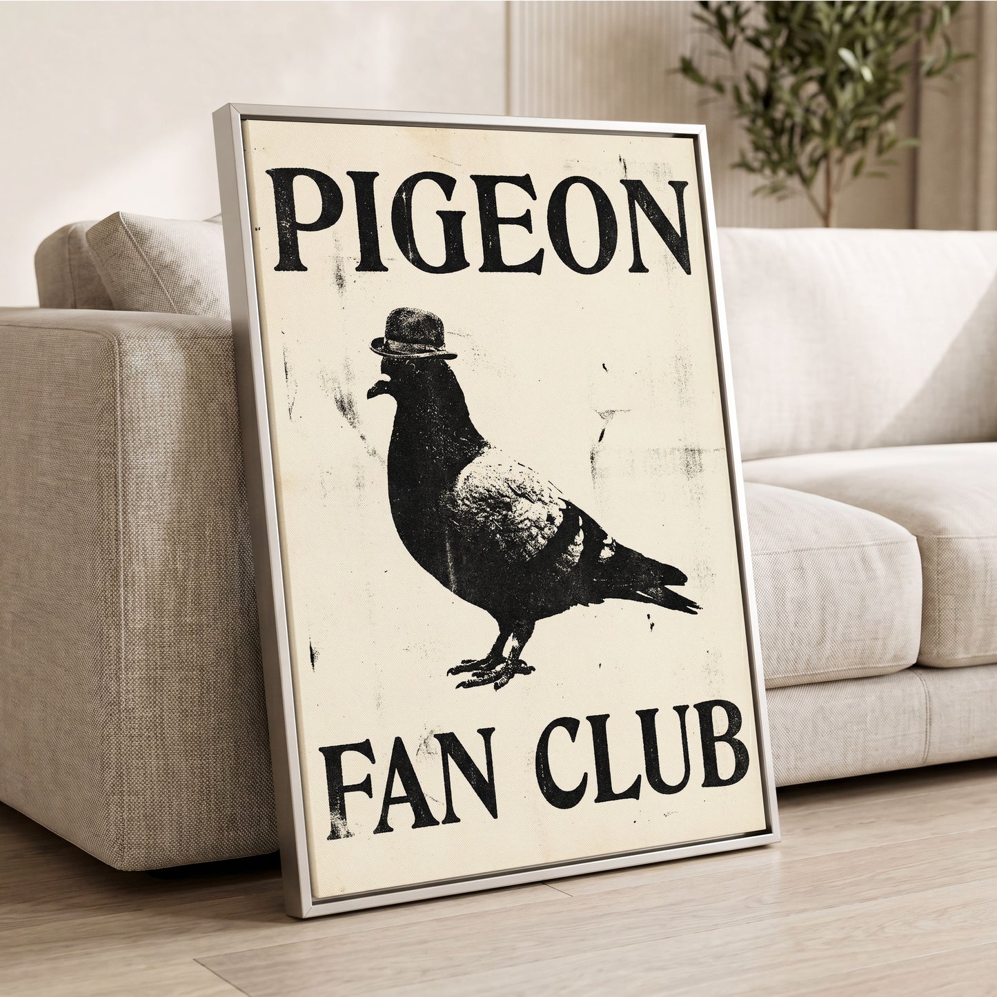 Dapper Pigeon Fan Club, black, beige, white nature wall art displayed in a styled interior, gallery view 2