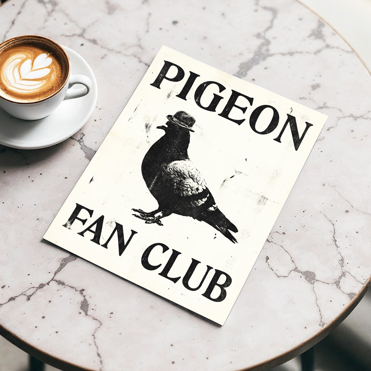 Dapper Pigeon Fan Club, black, beige, white nature wall art displayed in a styled interior, gallery view 3