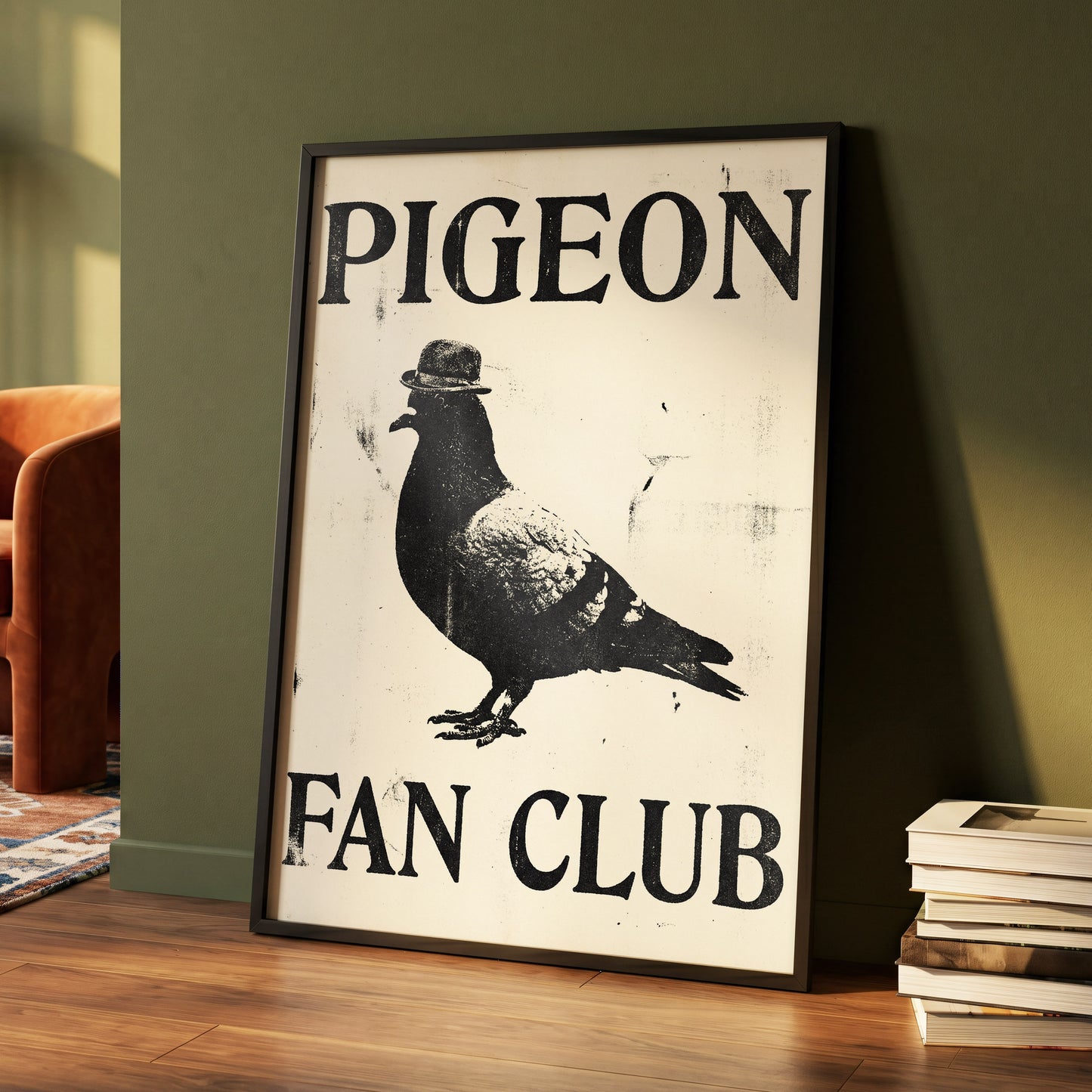 Dapper Pigeon Fan Club, black, beige, white nature wall art displayed in a styled interior, gallery view 4