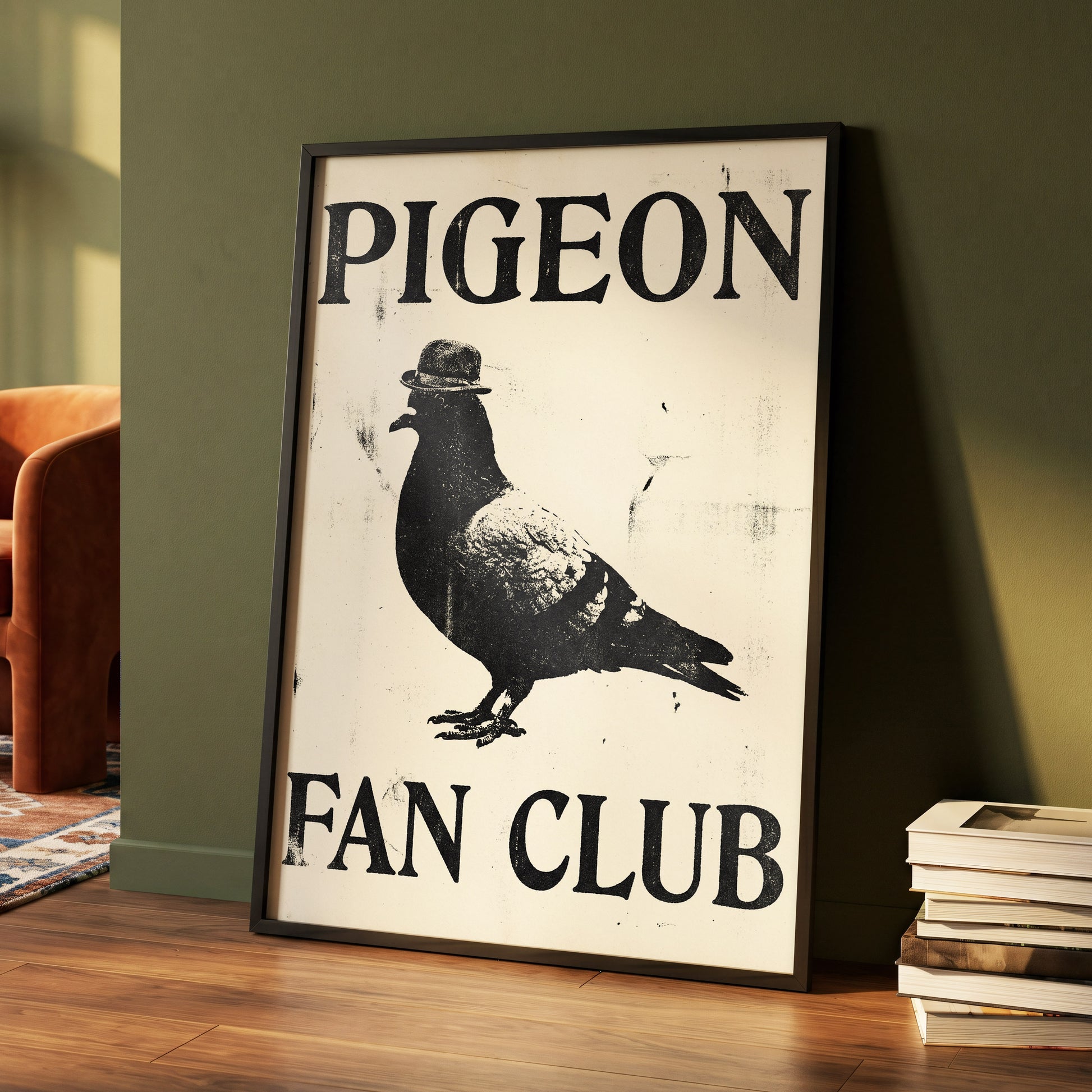 Dapper Pigeon Fan Club, black, beige, white nature wall art displayed in a styled interior, gallery view 4