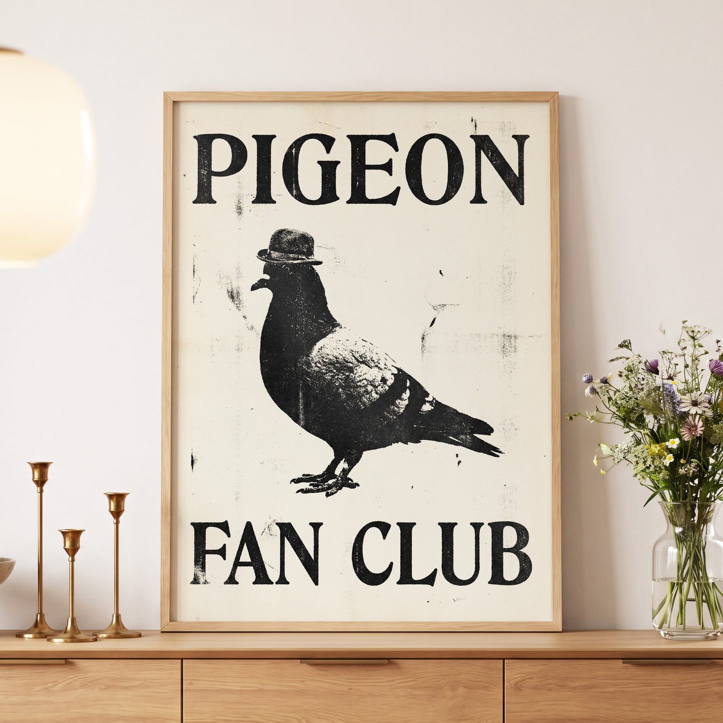 Dapper Pigeon Fan Club, black, beige, white nature wall art displayed in a styled interior, gallery view 5