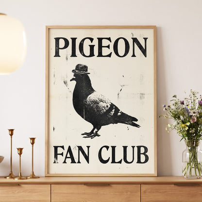 Dapper Pigeon Fan Club, black, beige, white nature wall art displayed in a styled interior, gallery view 5