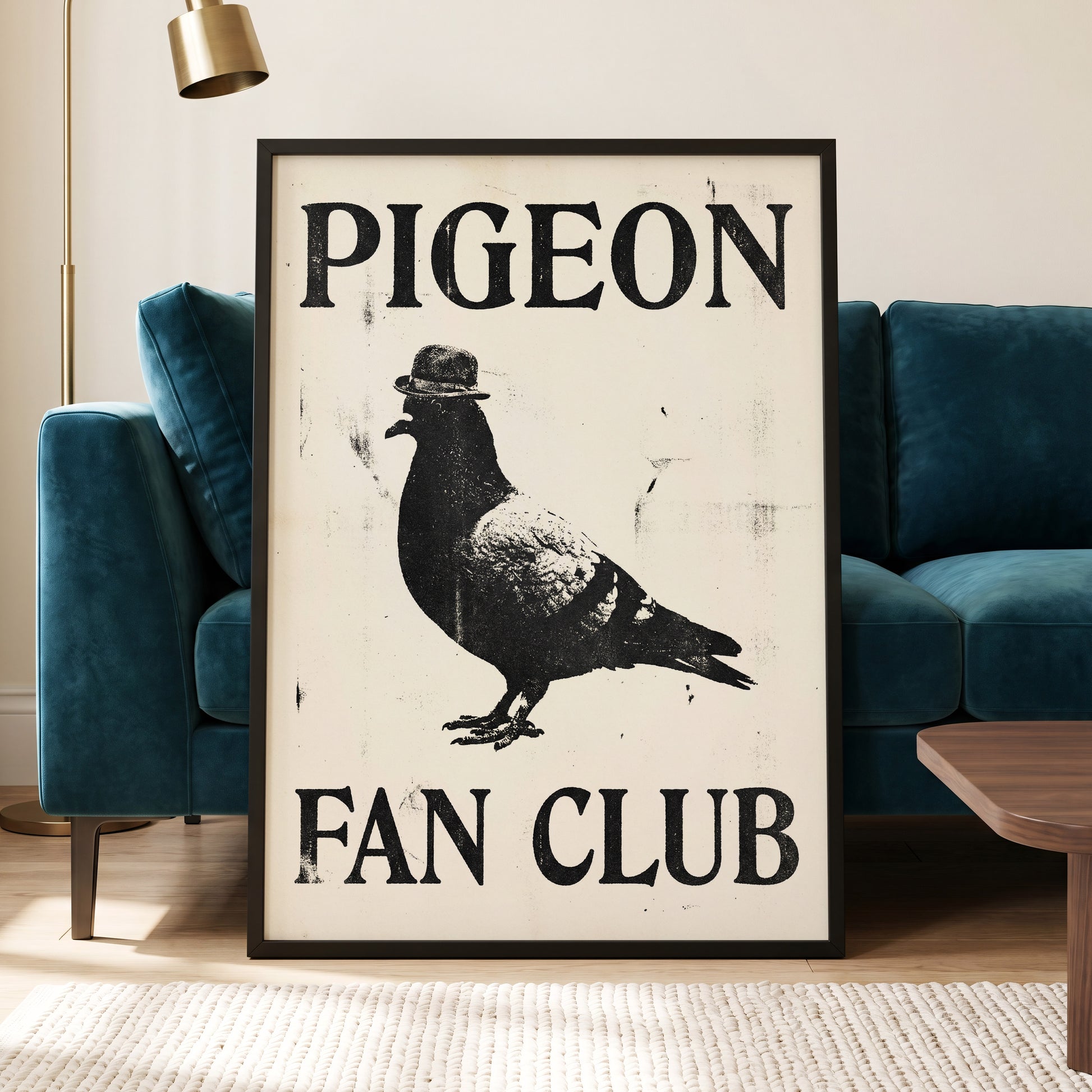 Dapper Pigeon Fan Club, black, beige, white nature wall art displayed in a styled interior, gallery view 6