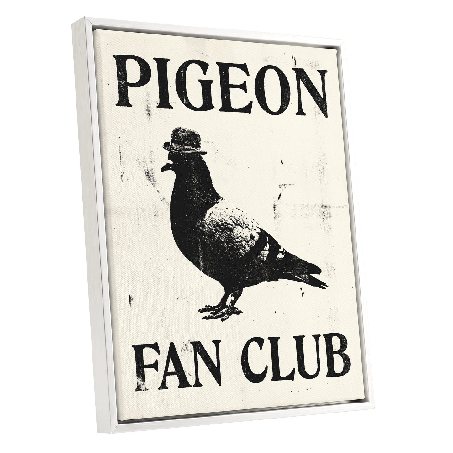 Dapper Pigeon Fan Club, black, beige, white nature wall art shown as a white framed canvas wall art