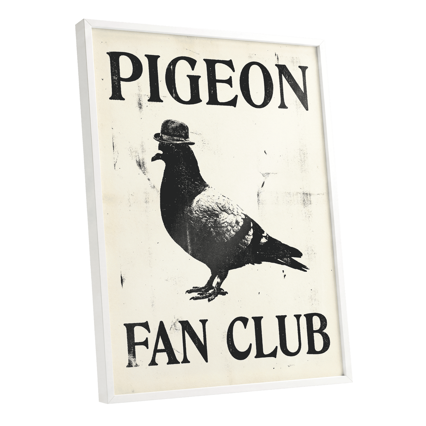 Dapper Pigeon Fan Club, black, beige, white nature wall art shown as a white framed poster wall art print